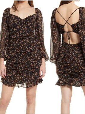 All in Favor Black Mini Dress with Brown Floral Print and Sheer Puff Sleeves
